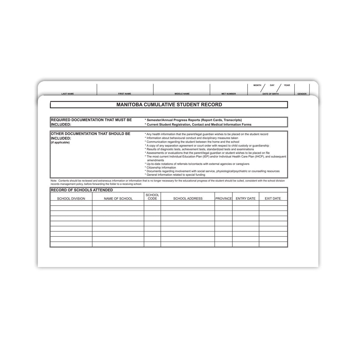 Manitoba Cumulative Student Record Folder